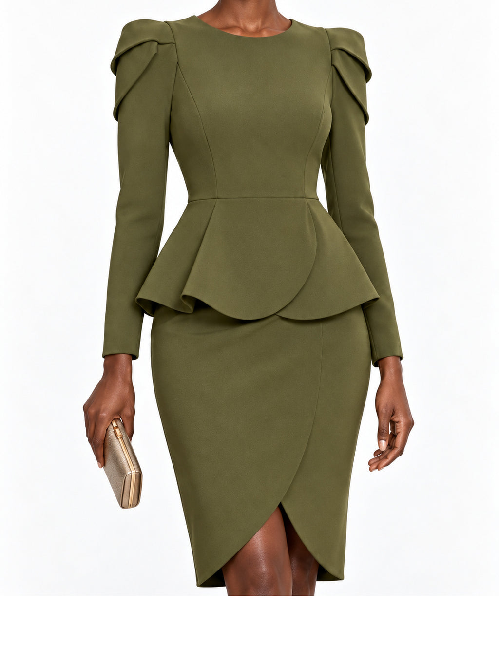 Olive Scuba Peplum Long Sleeve Midi Dress