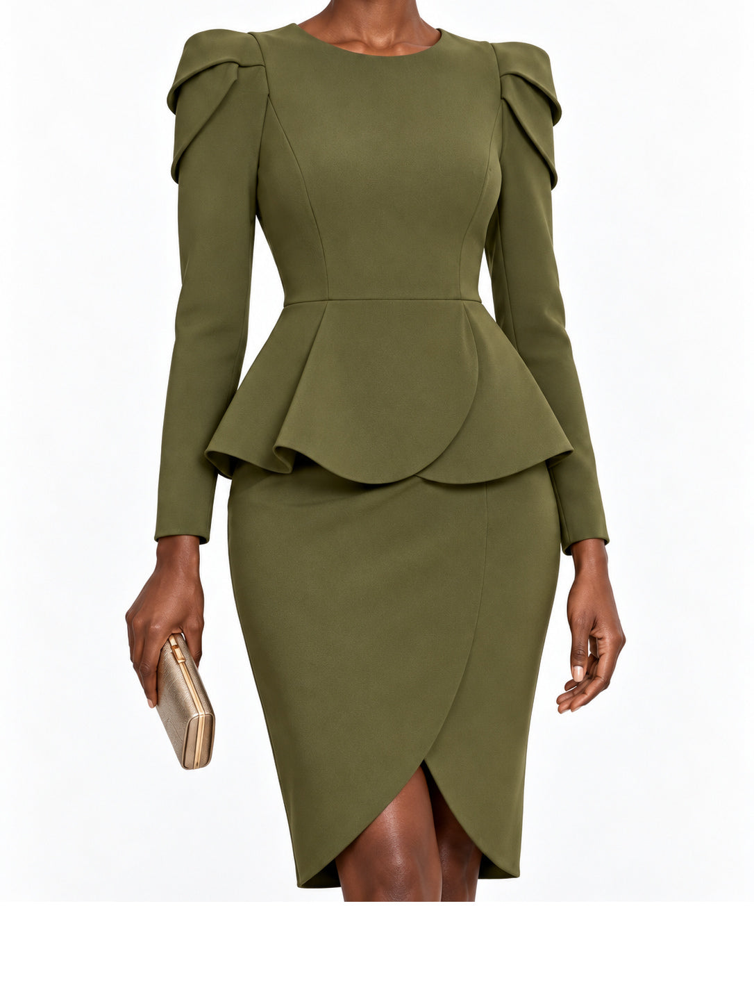 Olive Scuba Peplum Long Sleeve Midi Dress