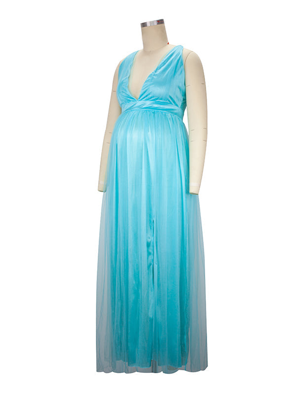 Blue Tulle Spaghetti Strap Backless Grenadine Side Slit V-Neck Cami Babyshower Maternity Photoshoot Maxi Dress