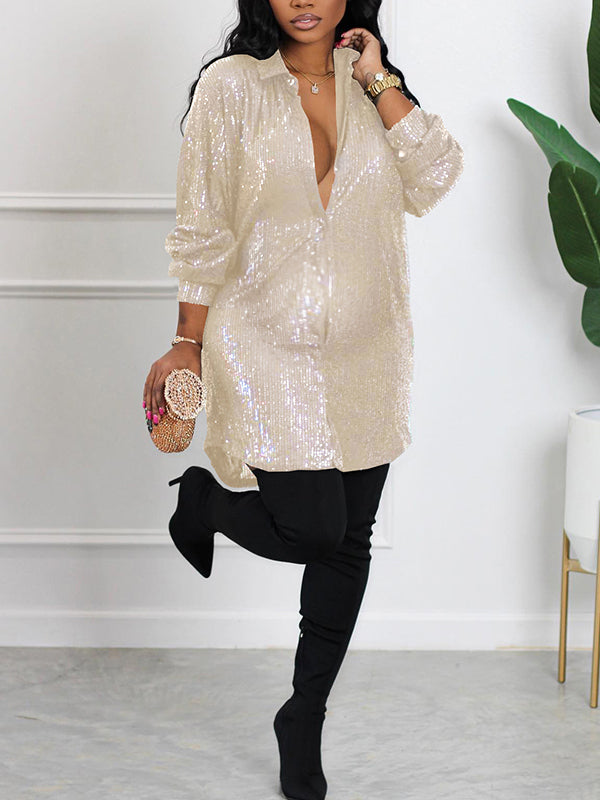 Sequin Button Down Shirt Lapel Sparkle Glitter Tunic Tops Loose Blouse Babyshower Maternity Mini Dress