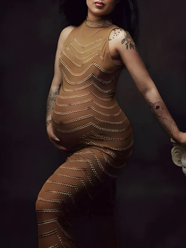 Rhinestone Mesh Off Shoulder Split Slit Bodycon Party Gown Photoshoot Plus Size Maternity Maxi Dress