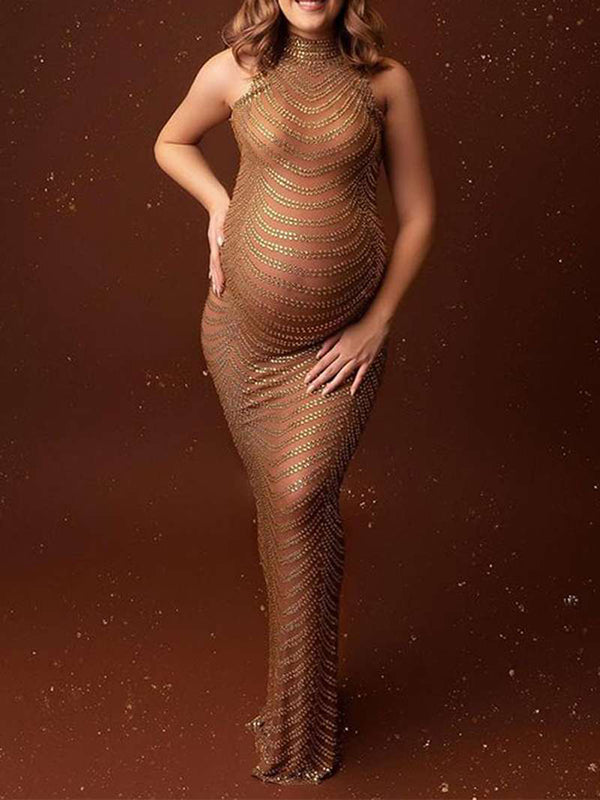 Rhinestone Mesh Off Shoulder Split Slit Bodycon Party Gown Photoshoot Plus Size Maternity Maxi Dress