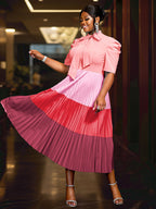 Color Block Mock Neck Bowtie Short Sleeve Pleated Dress