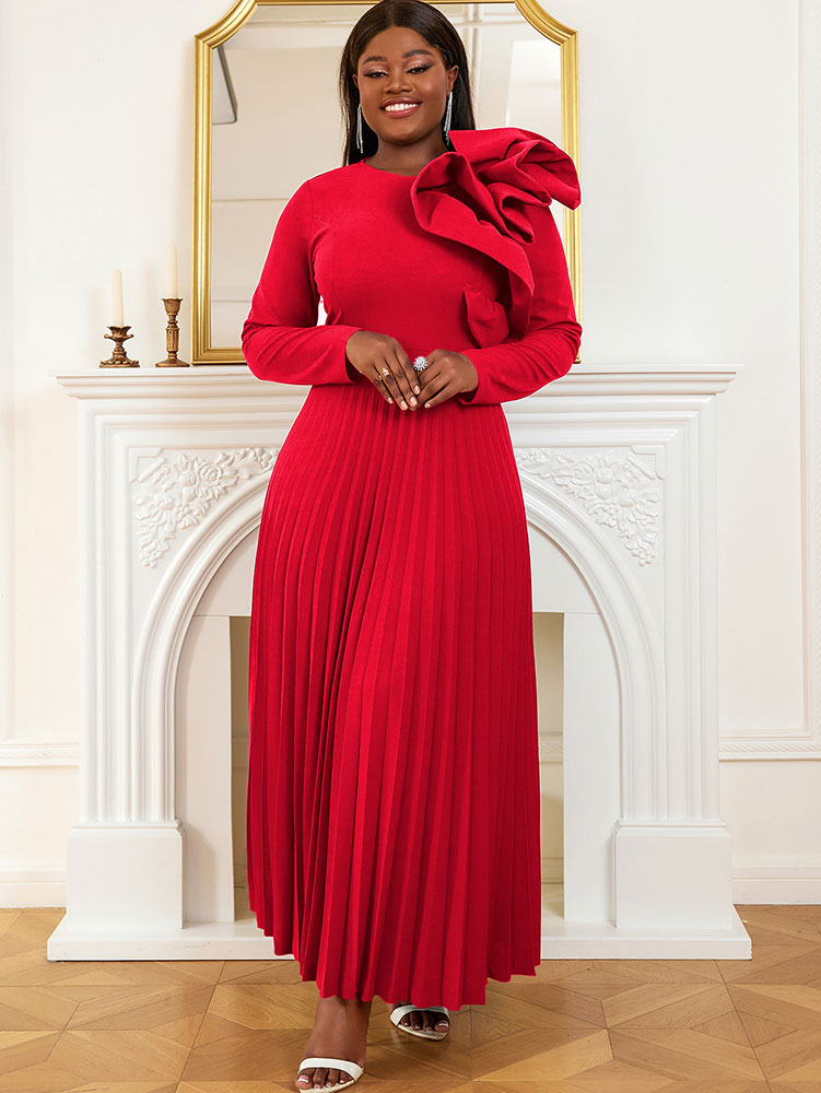 Women Vintage Pleated Maxi Christmas Party Dress