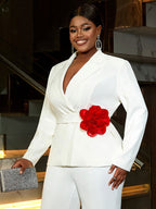 White Formal Blazer Top With Red Flower Office Lady Clothes
