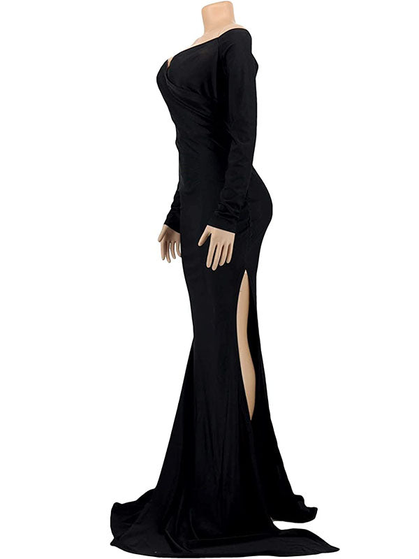 Black Off Shoulder Long Sleeve V-Neck Slit Bodycon Evening Gown Plus Size Elegant Baby Shower Maternity Maxi Dress