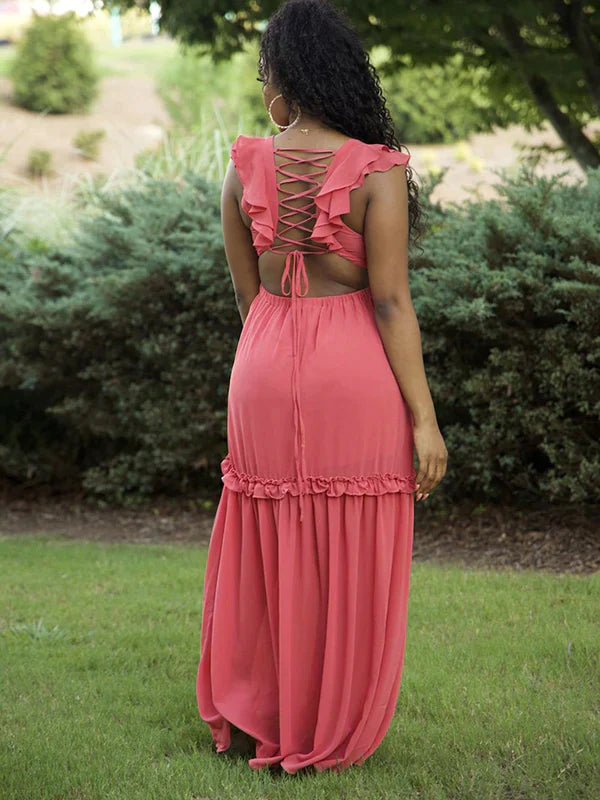 Pink Cut Out Ruffle Backless Tie Back Deep V-neck Elegant Party Maternity Baby Shower Maxi Dress