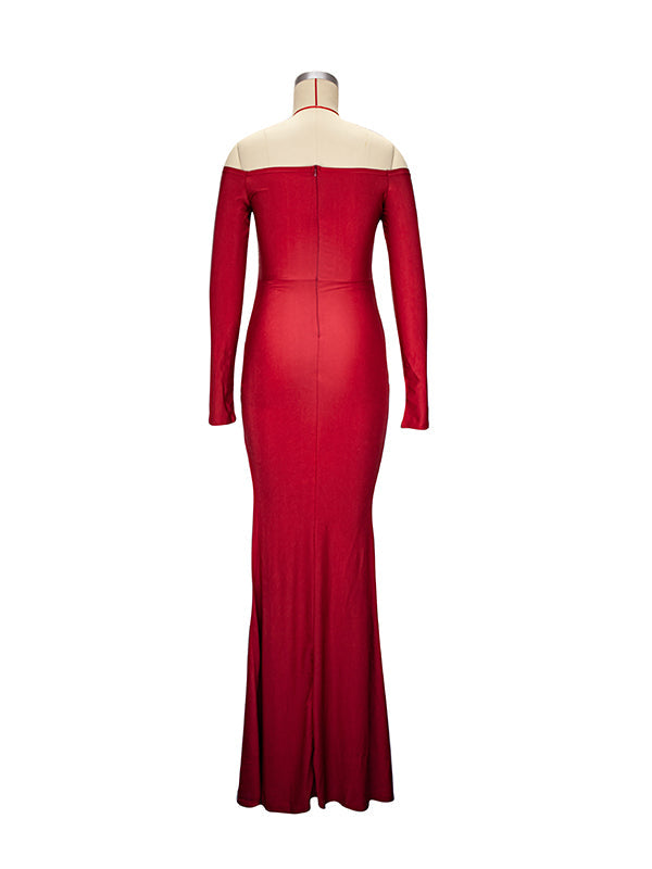 Off Shoulder Long Sleeve Slit Bodycon Solid Baby Shower Party Evening Gown Maternity Maxi Dress