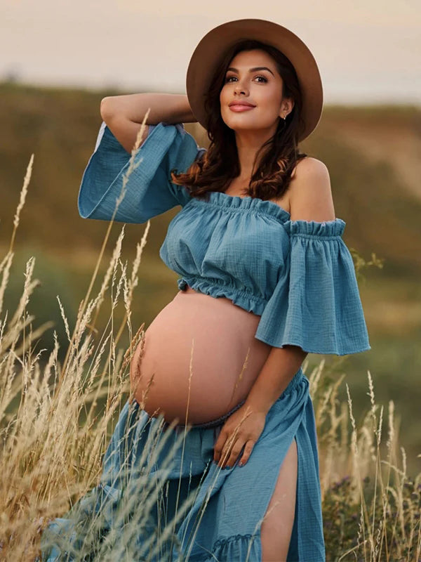 Boho Solid Color Off Shoulder Backless Linen Cotton Ruffle 2-in-1 Crop Cap Sleeve Side Slit Photoshoot Maternity Maxi Dress