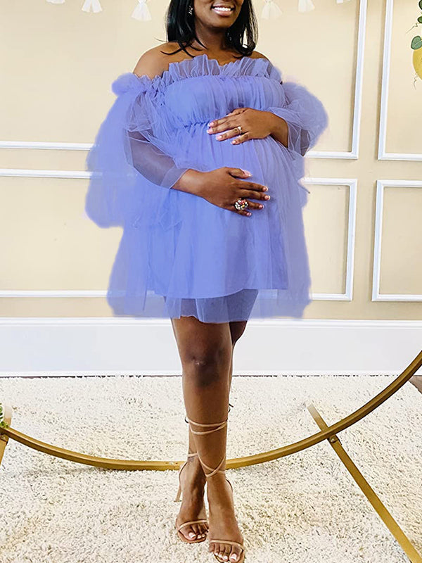 Purple Grenadine Tulle Off Shoulder Ruffle Flare Sleeve Baby Shower Photoshoot Maternity Dress