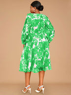 Elegant Print A Line Midi Party Dress O Neck Latern Sleeves
