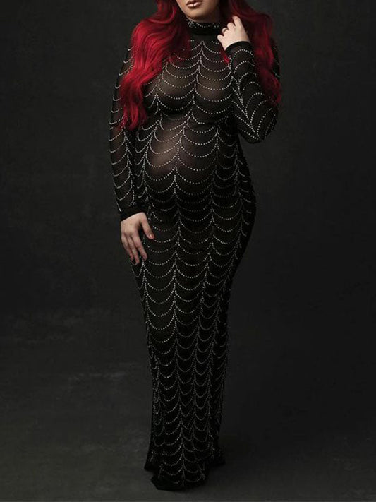 Black Rhinestone Bodycon Mesh Long Sleeve Evening Gown Photoshoot Plus Size Club Maternity Maxi Dress