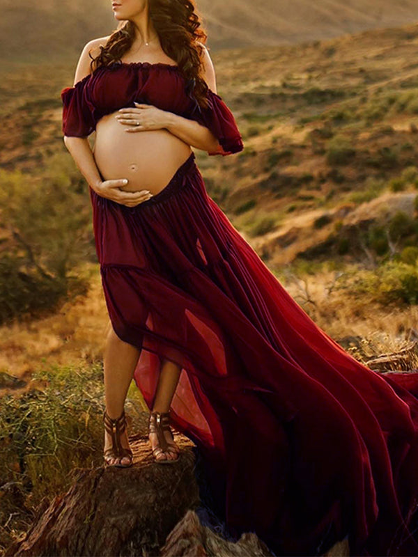 Solid Color Bohemian Off Shoulder Backless Ruffle 2-in-1 Crop Cap Sleeve Side Slit Photoshoot Maternity Maxi Dress