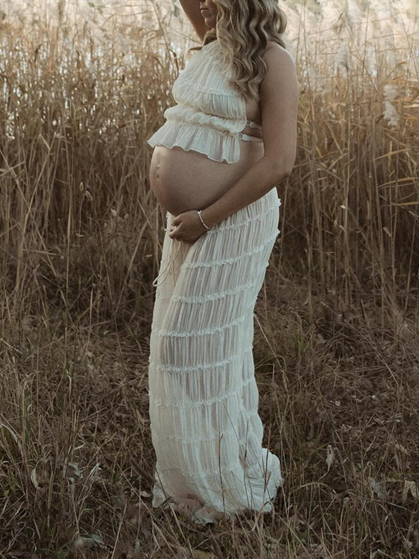 Beige 2 Piece Smocked Ruffle Backless Flowy Elegant Vacation Beach Photoshoot Maternity Maxi Dress