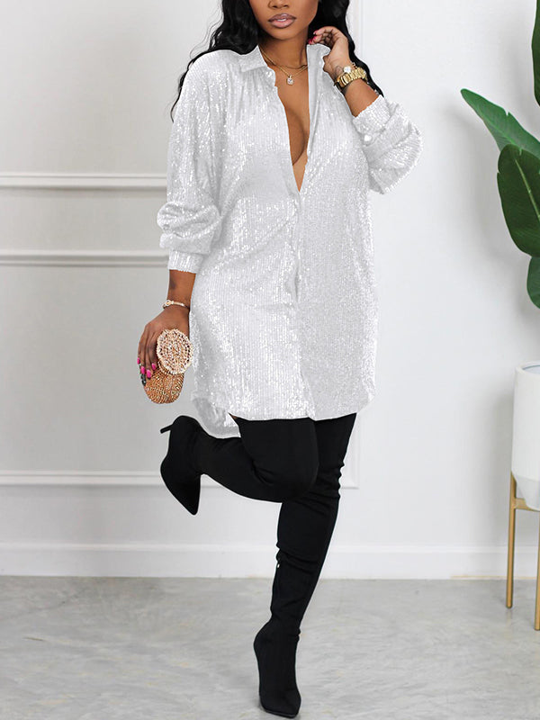 Sequin Button Down Shirt Lapel Sparkle Glitter Tunic Tops Loose Blouse Babyshower Maternity Mini Dress