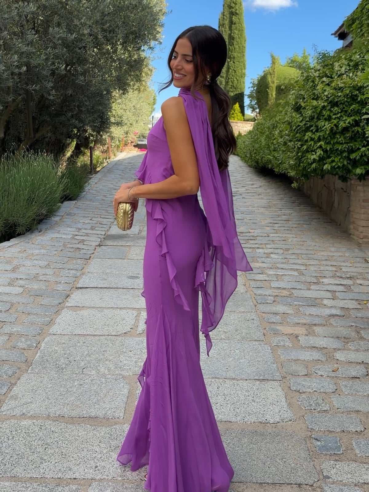 Scarf Neck Ruffled Chiffon Maxi Dress