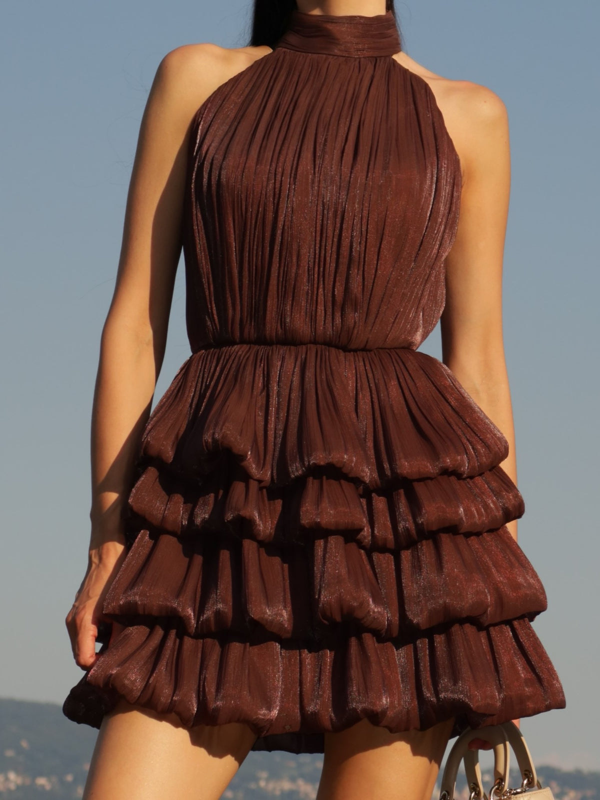 Chocolate Pleated Tiered Halter Mini Dress
