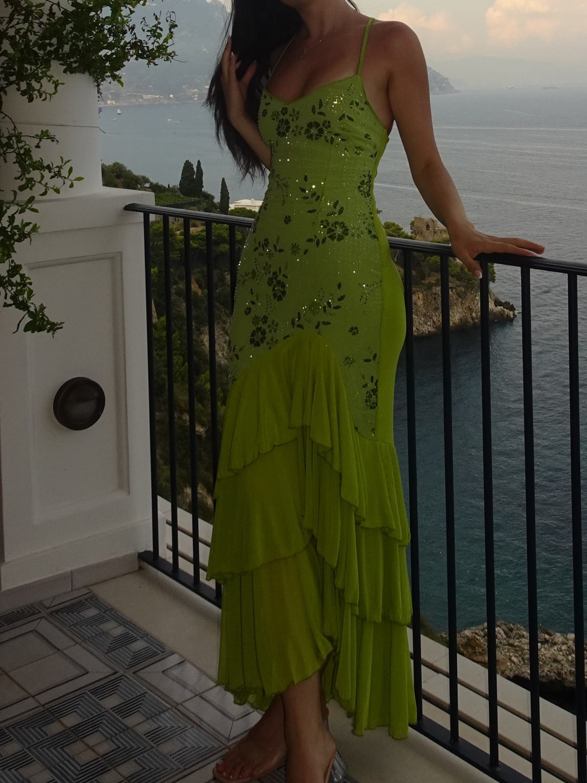 Lime Green Sequin Floral Tiered Ruffle Maxi Dress