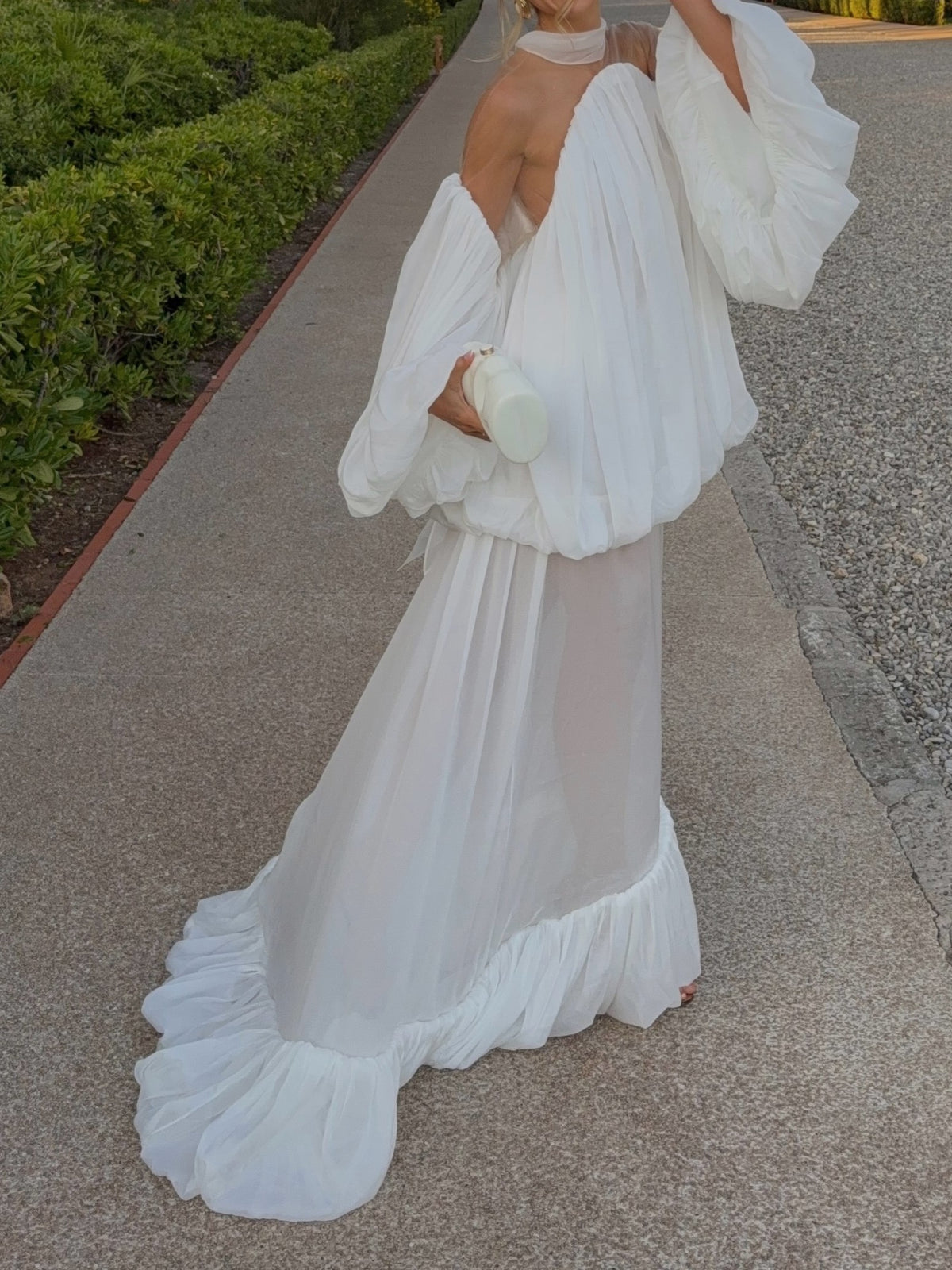 White Off-Shoulder Sheer Balloon Sleeve Maxi Dress