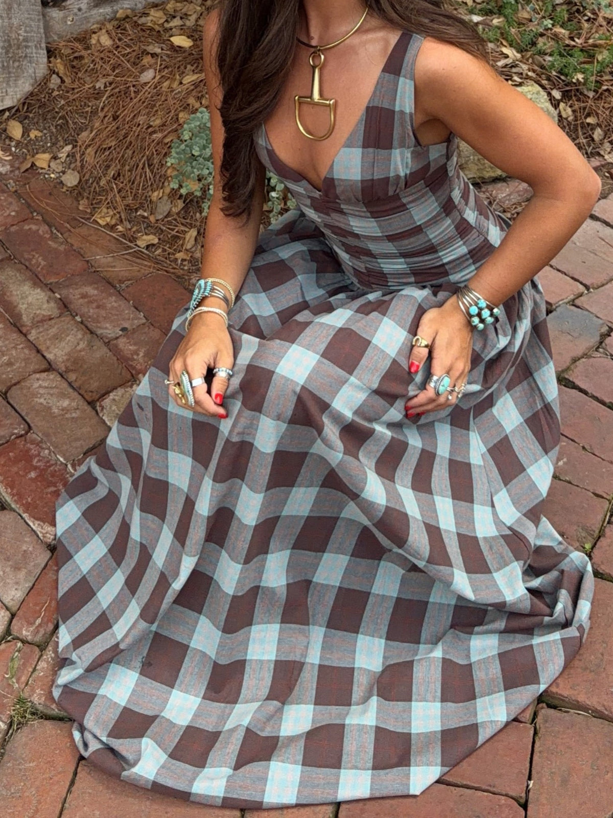 Plaid Ruched Drop-Waist Maxi Dress