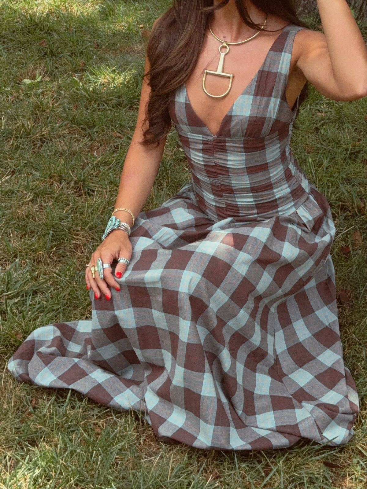 Plaid Ruched Drop-Waist Maxi Dress