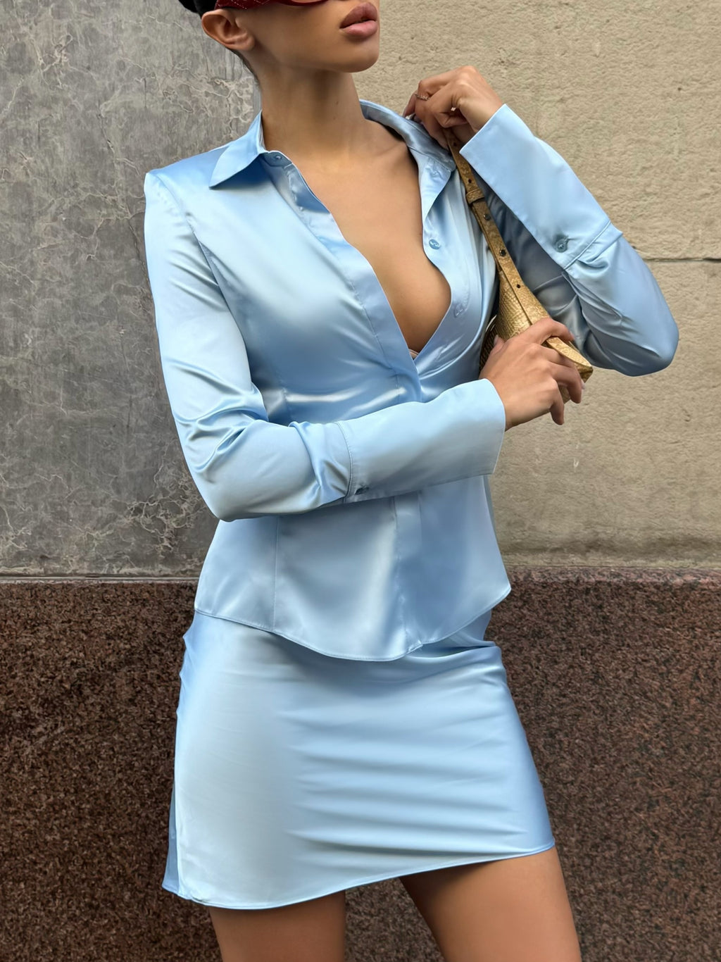 Light Blue Satin Shirt and Skirt Set
