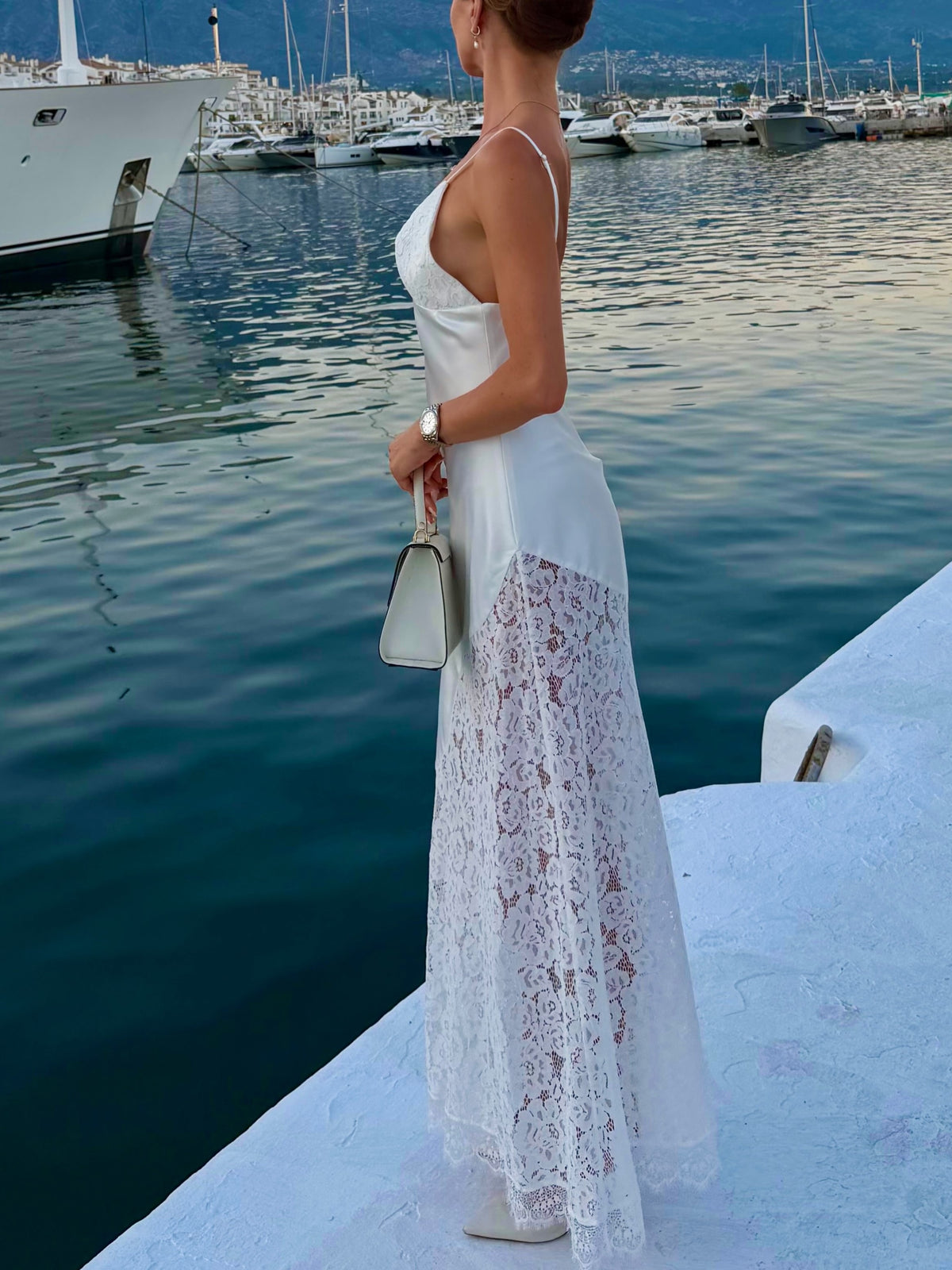 White Satin Lace Maxi Dress