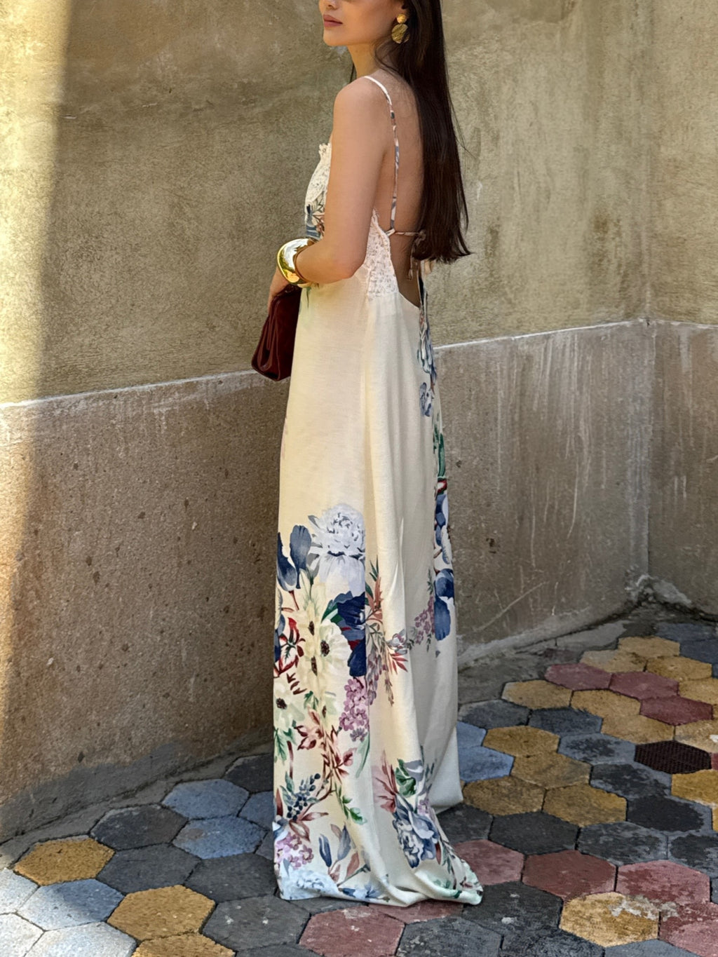 Cream Floral Lace Trim Maxi Dress