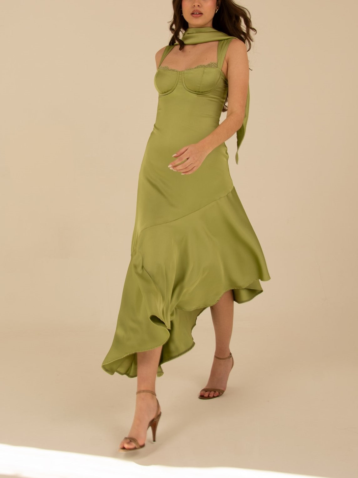 Brown Satin Off-Shoulder Midi Dress