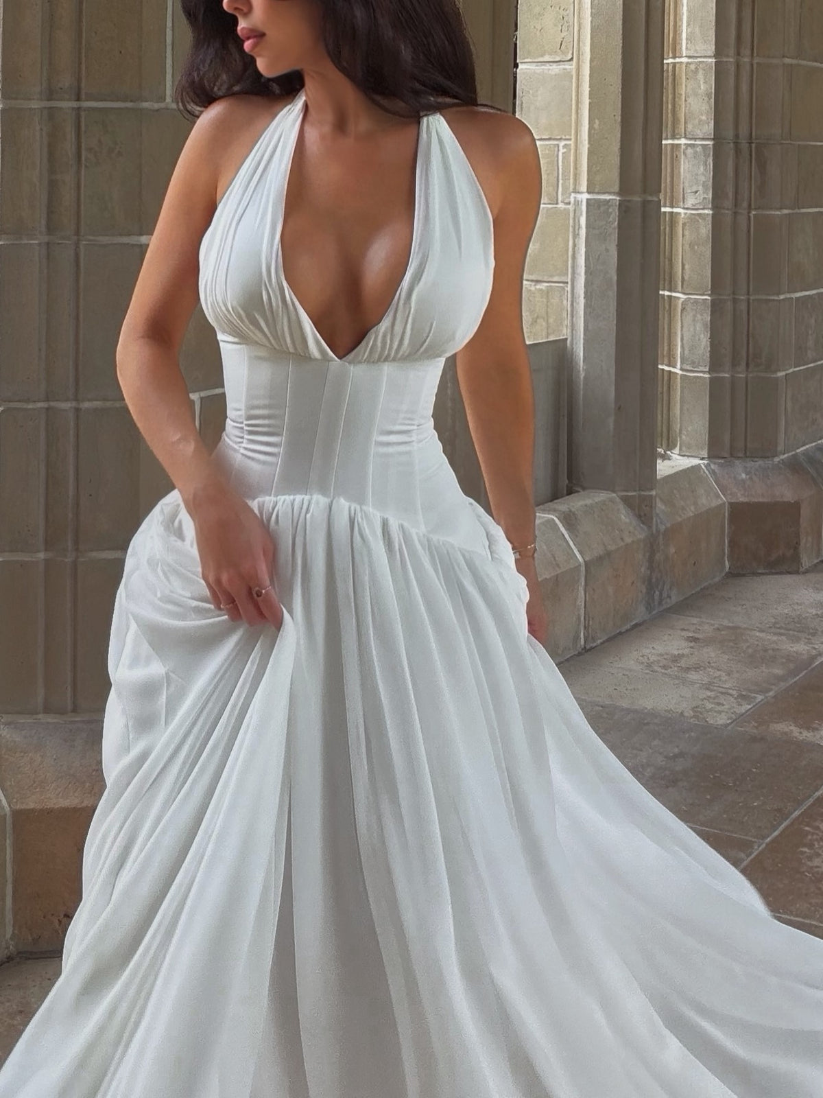 White Halter Corset Pleated Maxi Dress