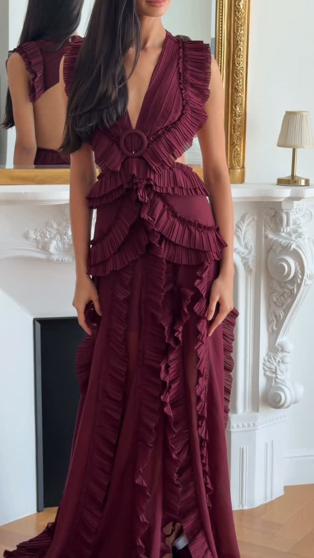 Burgundy Ruffle High Slit Maxi Dress