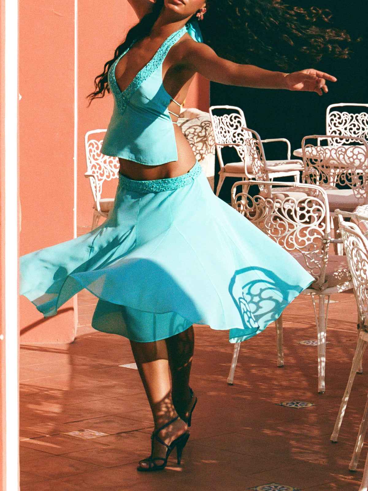 Magenta Sequin Halter Top and Midi Skirt Set