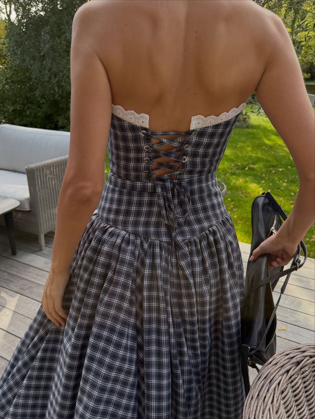 Blue Plaid Strapless High Slit Midi Dress