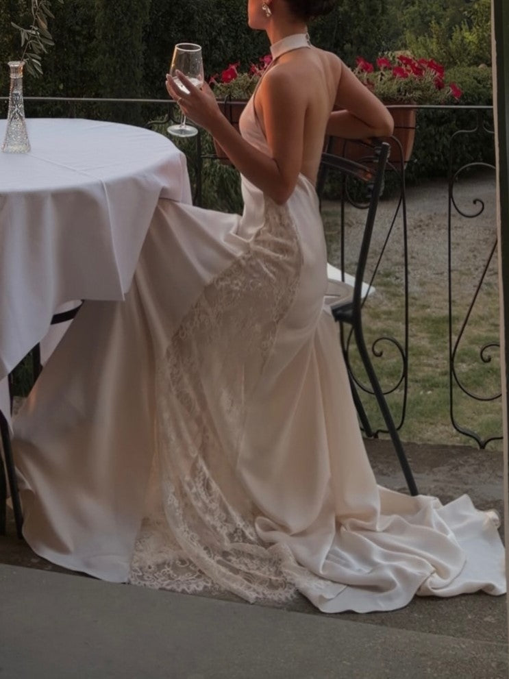 Cream Sheer Lace Halter Maxi Dress