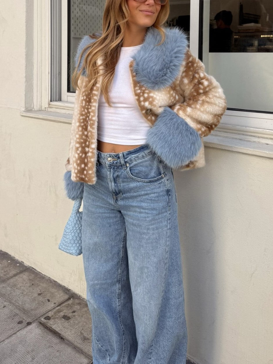 Cream Leopard Print Faux Fur Jacket