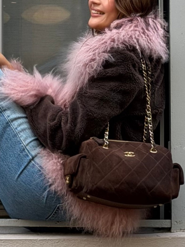Pink Faux Fur Trim Open Front Jacket