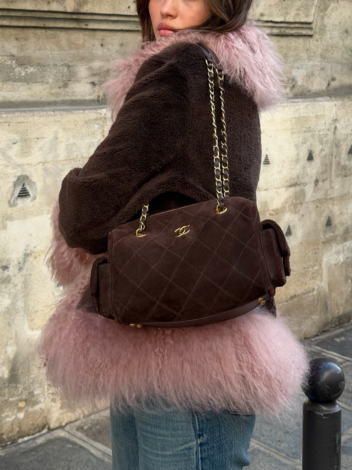 Pink Faux Fur Trim Open Front Jacket