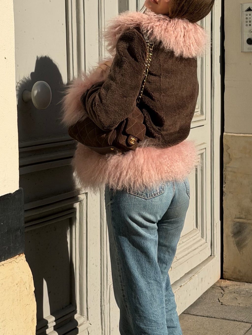 Pink Faux Fur Trim Open Front Jacket
