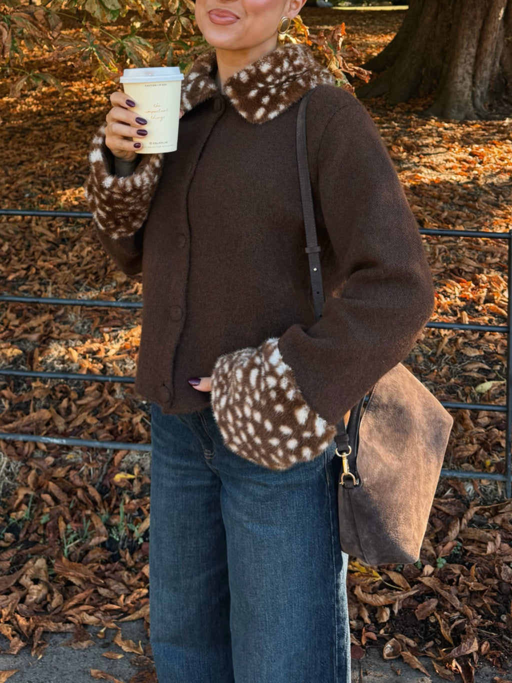 Brown Faux Fur Trim Open Front Jacket