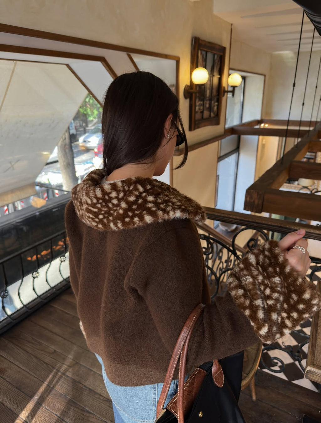 Brown Faux Fur Trim Open Front Jacket