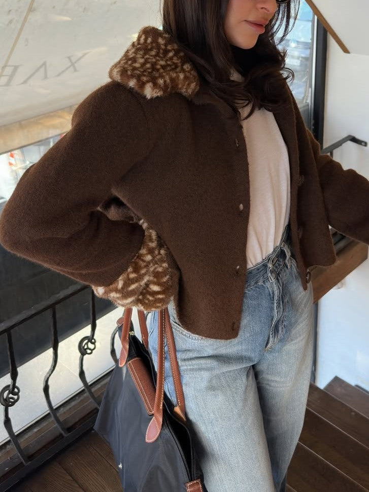 Brown Faux Fur Trim Open Front Jacket