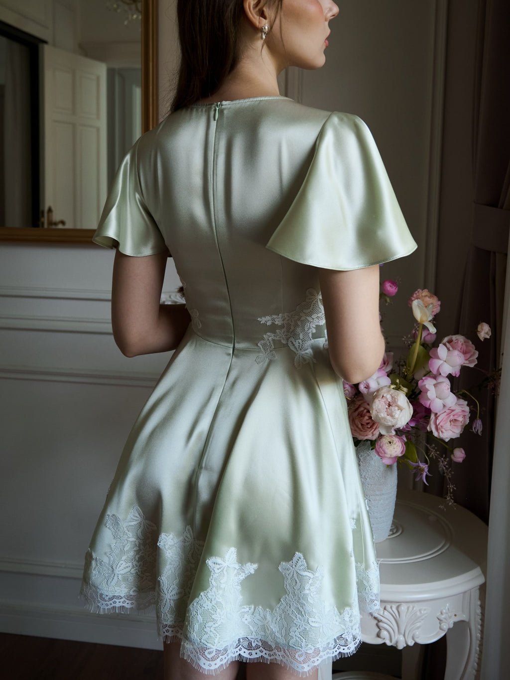 Pink Lace Trim Butterfly Sleeve Fit and Flare Mini Dress