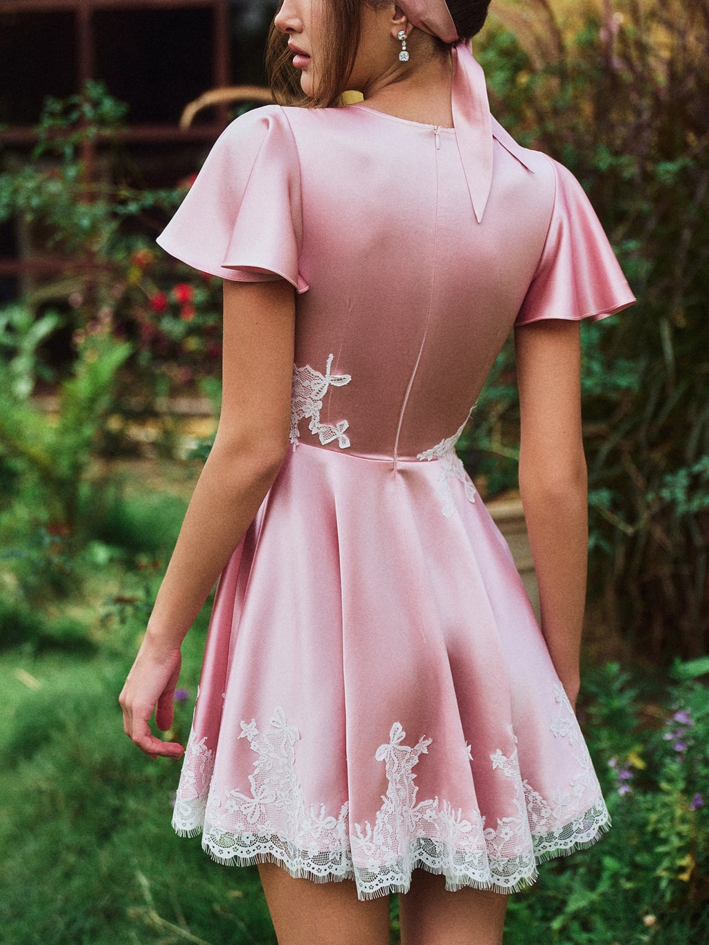 Pink Lace Trim Butterfly Sleeve Fit and Flare Mini Dress