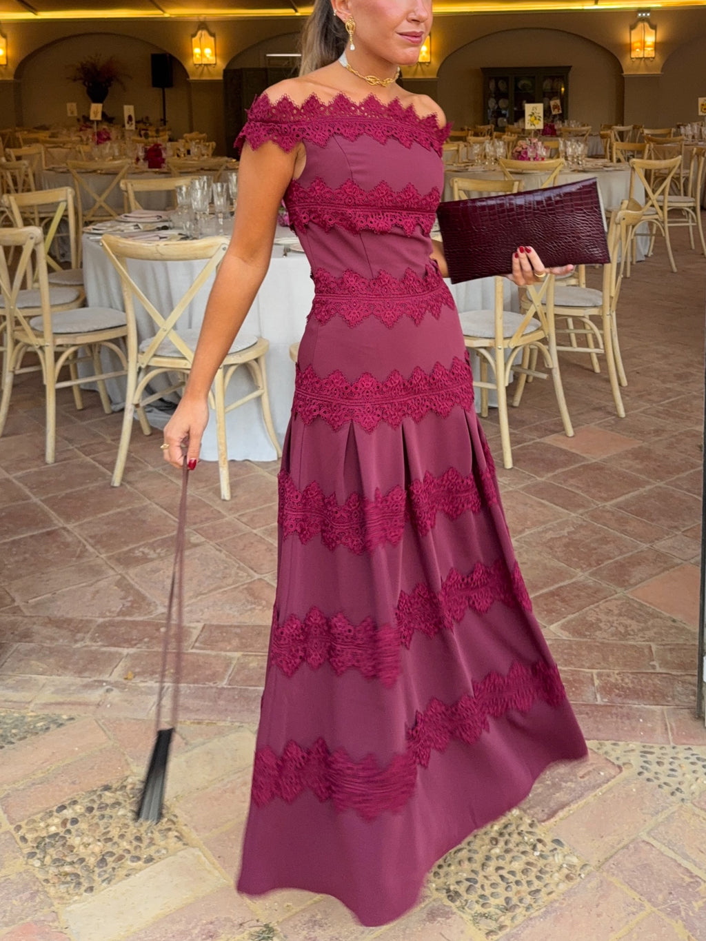 Burgundy Lace Trim Off Shoulder Mermaid Maxi Dress