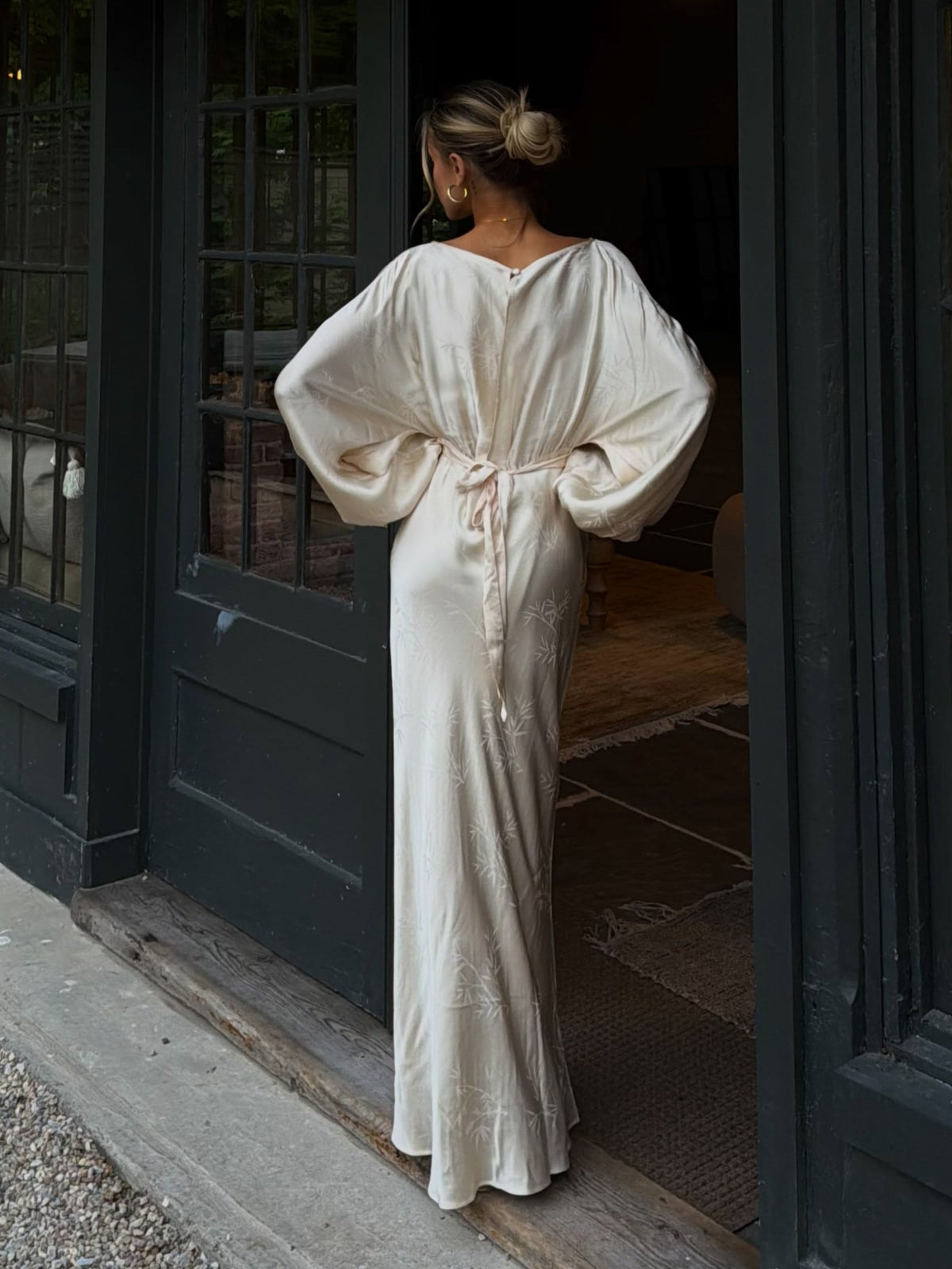 Champagne Satin Embroidered Long Sleeve Bias Maxi Dress