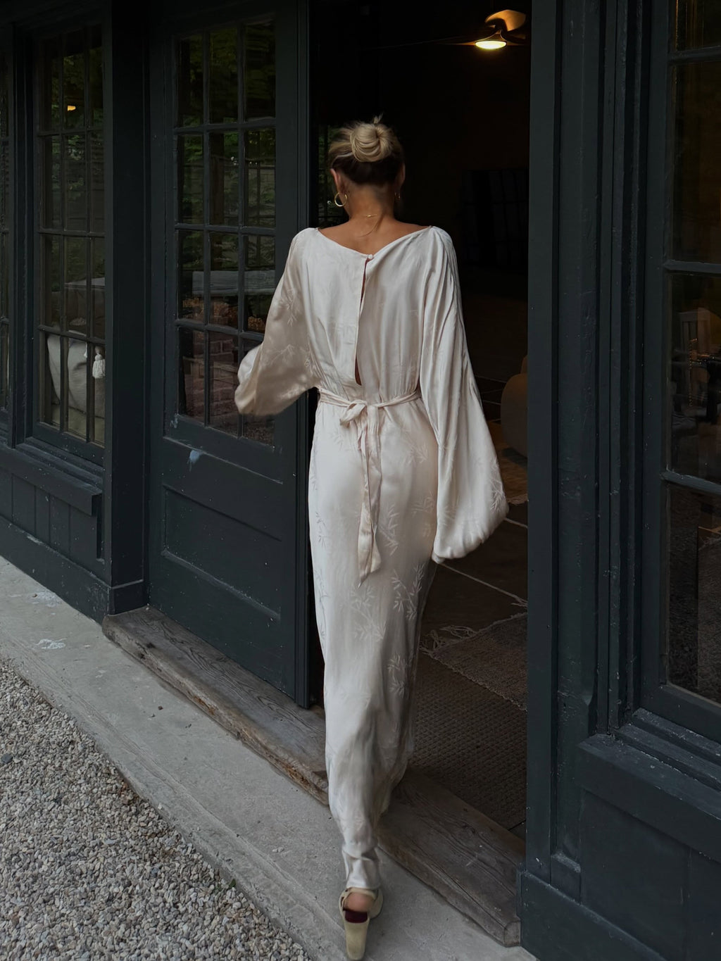 Champagne Satin Embroidered Long Sleeve Bias Maxi Dress