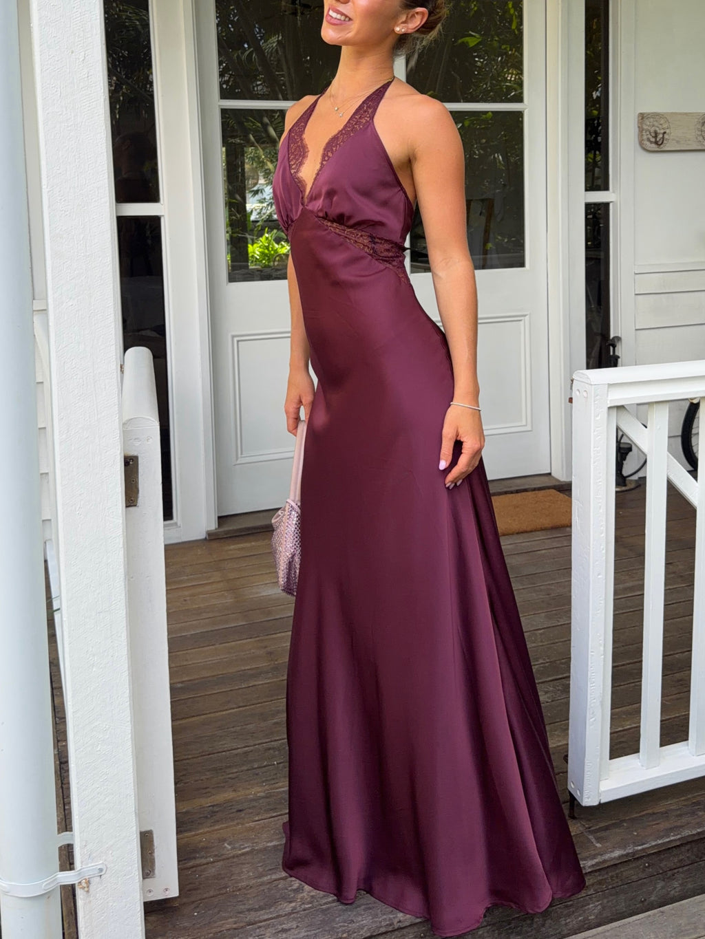 Plum Satin Lace Trim Halter Open Back Maxi Dress