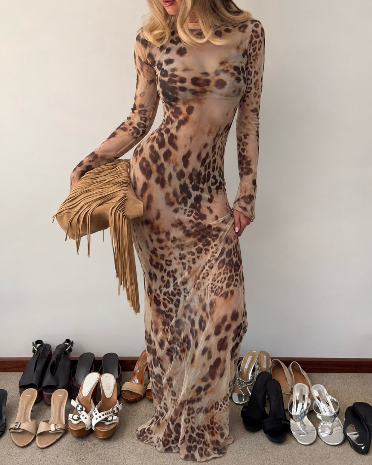 Brown Leopard Print Sheer Long Sleeve Maxi Dress