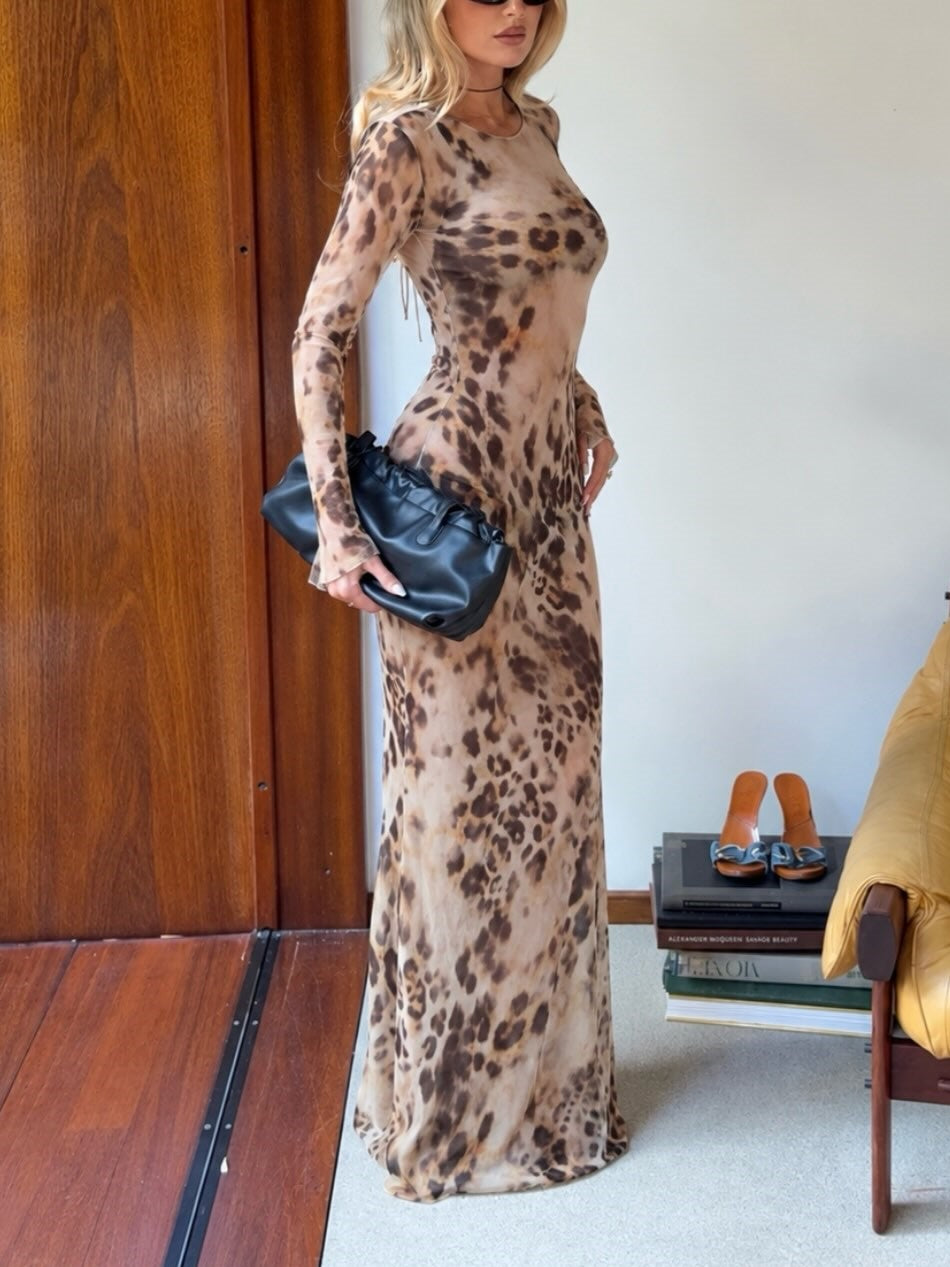 Brown Leopard Print Sheer Long Sleeve Maxi Dress