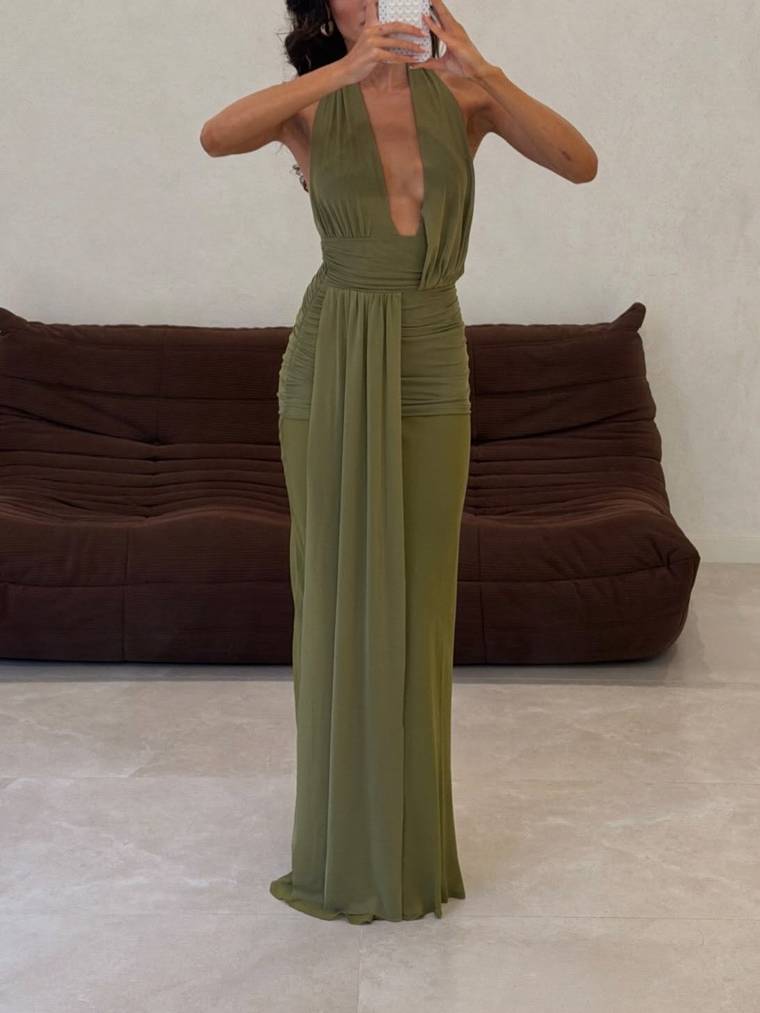 Olive Plunging Halter Open Back Maxi Dress